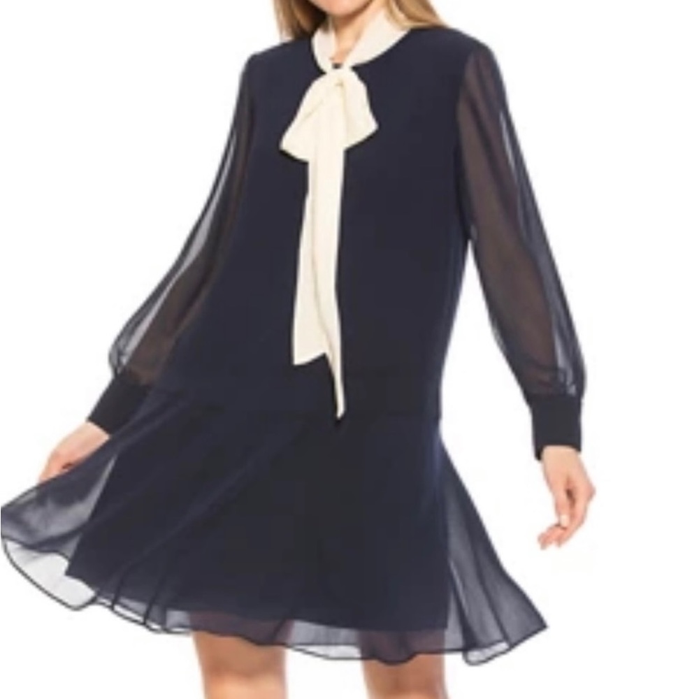 DROP WAIST TIE NECK LONG SLEEVE DRESS IN NAVY IVORY Size Medium Alexia Admor